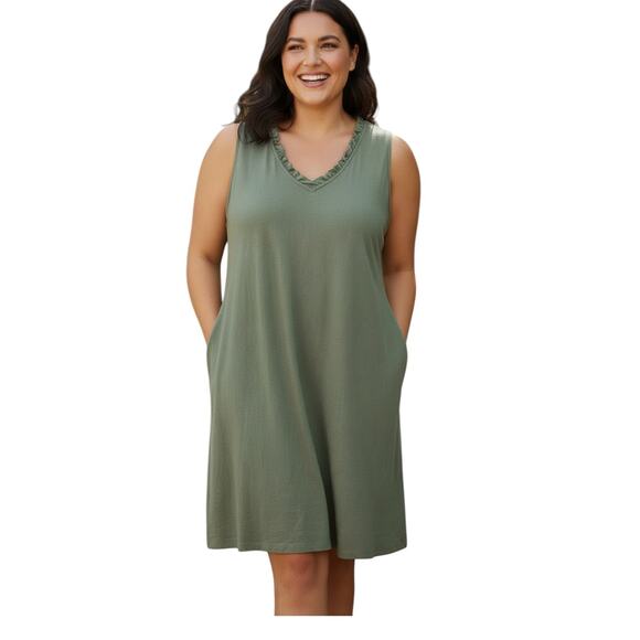 Briggs Dresses & Skirts - Briggs Sundress Women XXL Army Green Linen Blend Ruffle Tank Dress Summer Casual